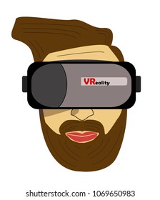 Bearded man with brown hair using a virtual reality or VR glasses. Handsome hipster guy. Vector or illustration isolated with concept of technology.