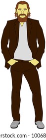 a bearded man in a brown suit