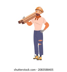 Bearded Man Builder Character in Protective Goggles Carrying Wood Material on His Shoulders Vector Illustration