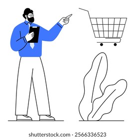 A bearded man in business attire holding a clipboard points towards a shopping cart icon. Nearby, simple plant outlines add visual interest. Ideal for business, e-commerce, data analysis, growth