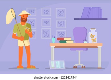 Bearded man butterfly collector or catcher with butterfly net. Vector illustration in flat style. Butterfly collecting hobby concept design element.