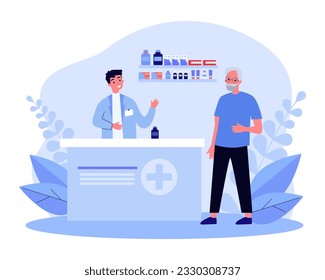Bearded man buying medication vector illustration. Friendly pharmacist selling pills, consulting and helping customer to choose treatment with prescription. Pharmacy, medicine, health care concept svg