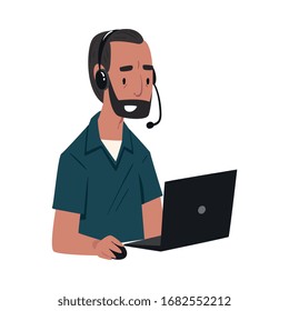 Bearded Man Call Center Operator, Online Customer Support Service Assistant With Headset, Help Desk, Technical Support Vector Illustration