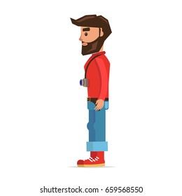 Bearded man with camera cartoon character. Young male in rolled up jeans and red boots with photo camera on neck isolated flat vector. Smiling hipster tourist standing in profile illustration