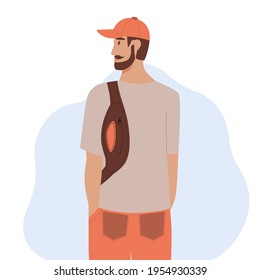 A bearded man in a cap with a fanny pack. The character is isolated on a white background. Flat cartoon vector illustration.