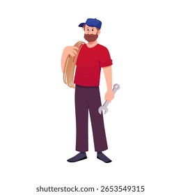 Bearded man in a cap holding a wrench and cable. Handyman, technician, repairman, service personnel. Full-length character. Vector illustration. Isolated background. Flat cartoon style.