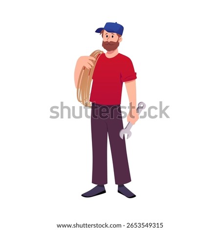 Bearded man in a cap holding a wrench and cable. Handyman, technician, repairman, service personnel. Full-length character. Vector illustration. Isolated background. Flat cartoon style.