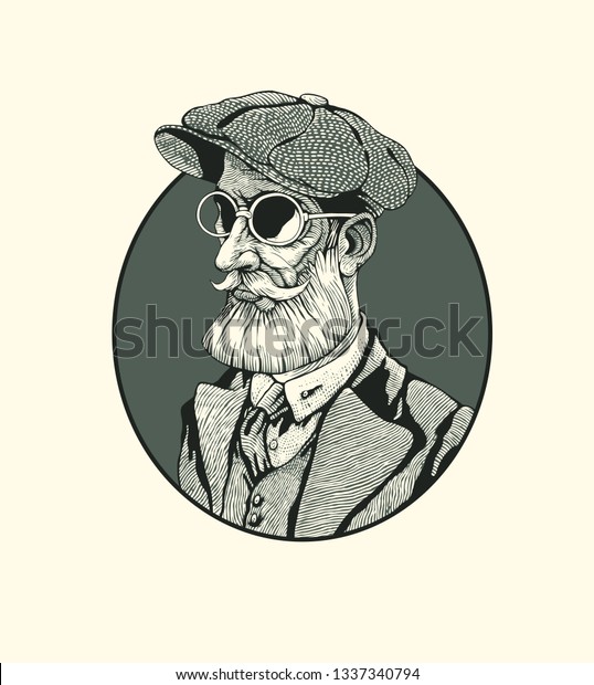 帽子と丸い眼鏡をかけた髭を生やした男 レトロなエンブレム ベクターイラスト のベクター画像素材 ロイヤリティフリー