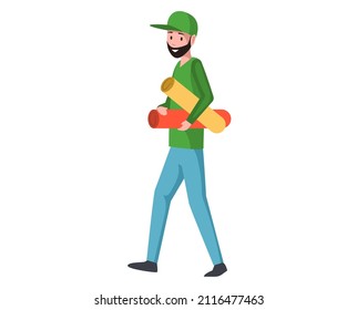 Bearded man carries large format sheets of colored paper vector illustration. Printing worker holds rolls of paper material. Male character with colored whatmans isolated on white background