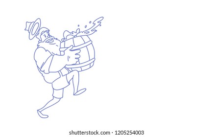 Bearded man carry beer barrel horizontal sketch doodle horizontal vector illustration