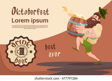 Bearded Man Carry Beer Barrel Oktoberfest Festival Banner Flat Vector Illustration