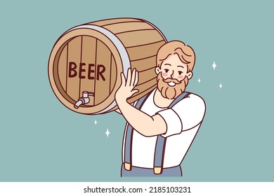 Bearded man carrying beer barrel. Smiling male barmen or waiter holding cask with alcoholic drink. Vector illustration. 