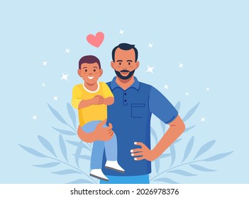 Bearded man carrying young boy. Young father holds his child with care and love. Happy Fathers day. Smiling dad holding son. Vector illustration