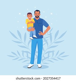 Bearded man carrying young boy. Young father holds his child with care and love. Happy Fathers day. Smiling dad holding son. Vector illustration