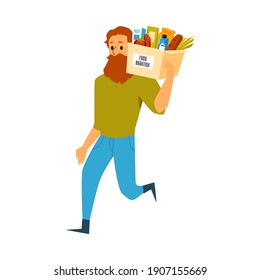 Bearded man cartoon character running with donation box, flat vector illustration isolated on white background. Charity and food donation, social help.