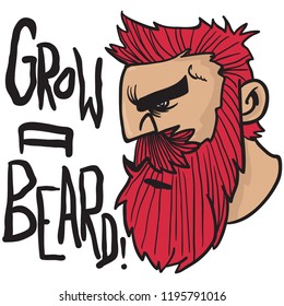bearded man cartoon illutration isolated on white with grow a beard text next to it