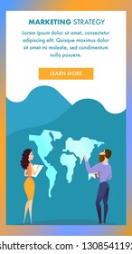 Bearded Man in Casual Clothes with Cup Learn World Map, Young Woman Looking at Him and Writing on Wavy Background. Flat Vector Illustration, Vertical Rectangle Banner, Marketing Strategy Inscription