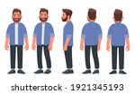 Bearded man in casual clothes. The guy is view from the front, from the side and from the back. Vector illustration in cartoon style