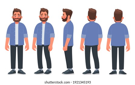 Bearded man in casual clothes. The guy is view from the front, from the side and from the back. Vector illustration in cartoon style - Shutterstock ID 1921345193