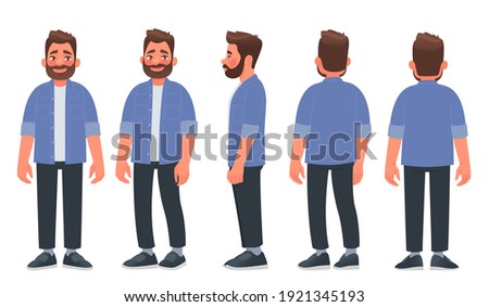 Bearded man in casual clothes. The guy is view from the front, from the side and from the back. Vector illustration in cartoon style