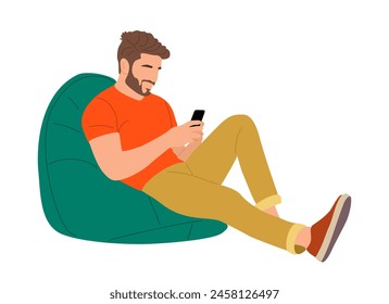 Bearded man in casual clothes sitting in beanbag chair, using smartphone. Handsome guy with phone chatting, texting, communicating. Vector male character illustration isolated on white background.