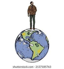 
Bearded man in casual clothes standing on top of planet Earth. Creative concept. Hand drawn illustration.