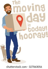 a bearded man with a cat holding a cardboard box moving day