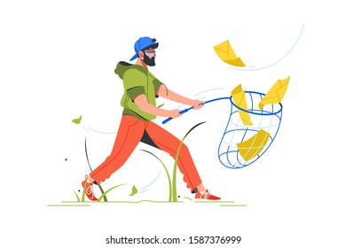 Bearded man cathing mail with notification setting using butterfly net. Isolated abstract concept businessman character hipster working using modern technology, web protection. Vector illustration.