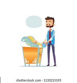 Bearded man changing diaper of newborn baby. Dad taking care of child and blank speech bubble isolated on white background. Concept of young inexperienced father. Flat cartoon vector illustration