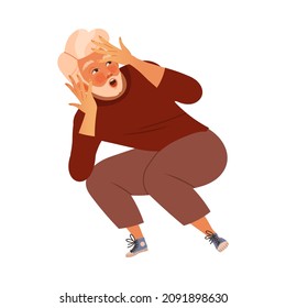 Bearded Man Character Bending Knees Afraid of Something Feeling Scared and Terrified Shaking with Fear Vector Illustration