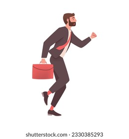 Bearded Man Character with Briefcase Hurrying Running Fast Feeling Panic of Being Late Vector Illustration