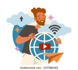 Bearded Man Character with Browser Sign Working with Information Analyzing and Browsing Data Vector Illustration