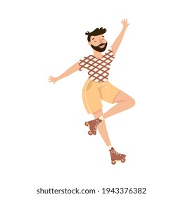 Bearded Man Character Dancing on Roller Skates Performing Tricky Movement Vector Illustration