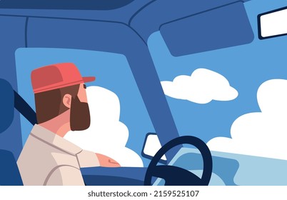 Bearded Man Character Driving Car Sitting on Driver Seat Inside Vehicle Vector Illustration