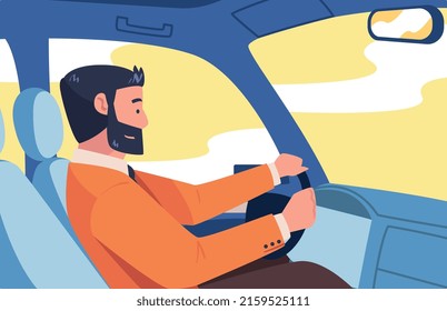 Carácter de hombre con barba de conducción sentado en el asiento del conductor en el interior del vehículo Ilustración del vector