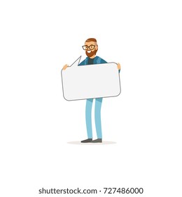 Bearded man character with empty message board, speech bubble vector Illustration