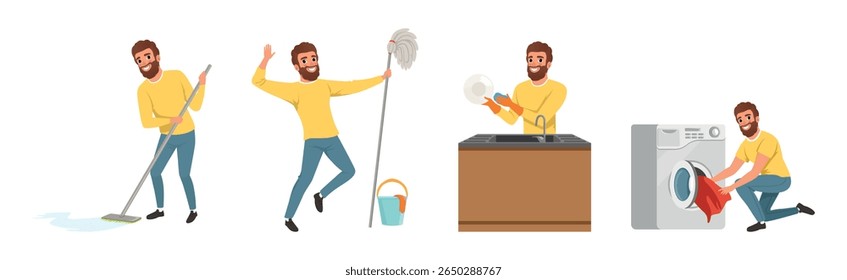Bearded Man Character Engaged in Daily Housework Vector Set