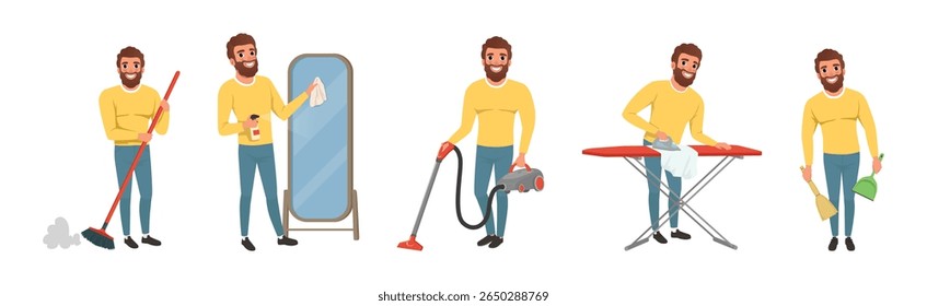 Bearded Man Character Engaged in Daily Housework Vector Set