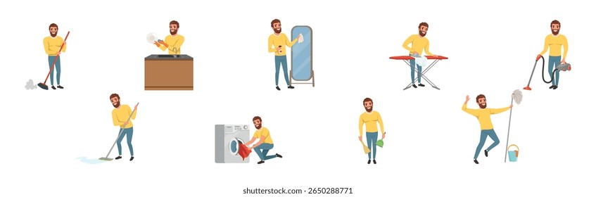 Bearded Man Character Engaged in Daily Housework Vector Set