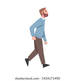 Bearded Man Character Going or Walking Taking Steps Forward Side View Vector Illustration