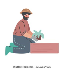Bearded Man Character at Greenhouse Planting and Cultivating Crop Vector Illustration