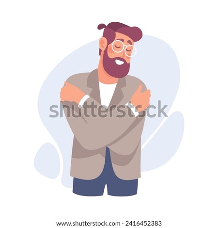 Bearded Man Character Hug Himself Taking Care and Show Importance of Oneself Vector Illustration