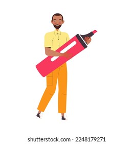 Bearded Man Character with Huge Highlighter Working with Text Vector Illustration