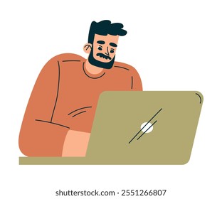 Bearded Man Character at Laptop as Productive Team Member Vector Illustration