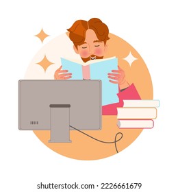 Bearded Man Character Learning Sitting at Desk at Computer and Reading Book Studying Vector Illustration