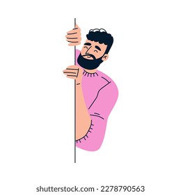 Bearded Man Character Looking Out and Peeking from Corner or Wall Vector Illustration