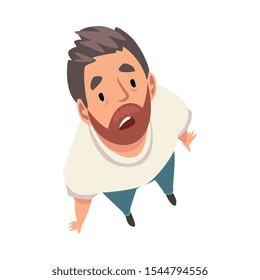 Bearded Man Character Looking Up, View from Above Vector Illustration