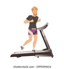 Bearded Man Character on Treadmill Doing Sport and Physical Exercise Training Body and Muscle Vector Illustration