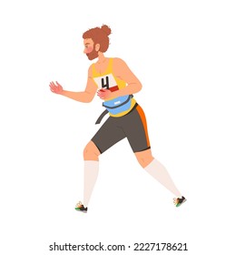 Bearded Man Character Participating in Marathon Running in Sportswear with Number Vector Illustration