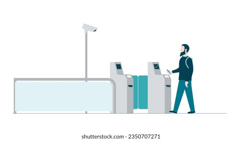 Bearded man character passing through a check in boarding pass code reading machine control in an airport. Colorful flat style vector illustration.